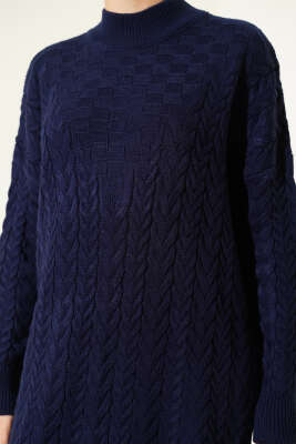 Saç Örgü Kabartmalı Triko Elbise Lacivert - Elbise