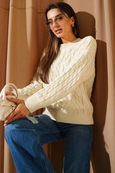 Saç Örgü Kabartmalı Triko Kazak Bej - Kadın Giyim Modelleri