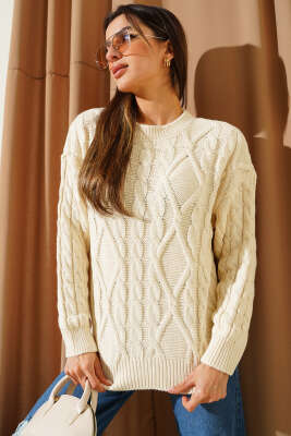 Saç Örgü Kabartmalı Triko Kazak Bej - Kadın Giyim Modelleri