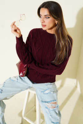 Saç Örgü Kabartmalı Triko Kazak Bordo - HELLIE