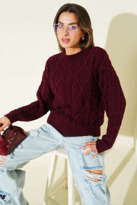 Saç Örgü Kabartmalı Triko Kazak Bordo - Kadın Giyim Modelleri