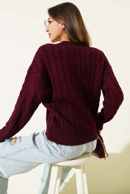 Saç Örgü Kabartmalı Triko Kazak Bordo - Kadın Giyim Modelleri