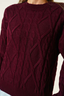 Saç Örgü Kabartmalı Triko Kazak Bordo - Kadın Giyim Modelleri