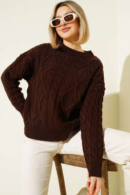 Saç Örgü Kabartmalı Triko Kazak Kahve - HELLIE