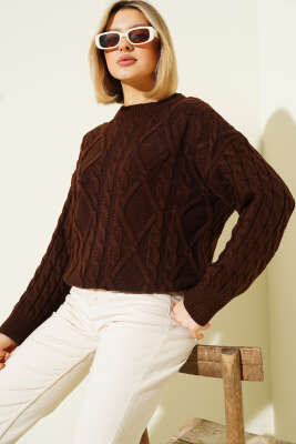 Saç Örgü Kabartmalı Triko Kazak Kahve - Kadın Giyim Modelleri