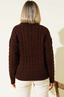 Saç Örgü Kabartmalı Triko Kazak Kahve - Kadın Giyim Modelleri