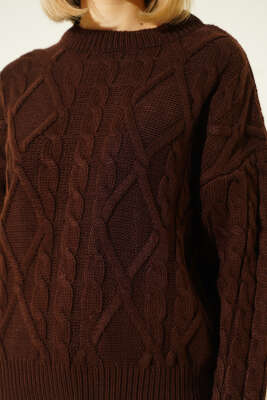 Saç Örgü Kabartmalı Triko Kazak Kahve - Kadın Giyim Modelleri