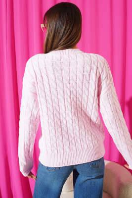 Saç Örgü Kabartmalı Triko Kazak Pembe - Kadın Giyim Modelleri