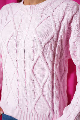 Saç Örgü Kabartmalı Triko Kazak Pembe - Kadın Giyim Modelleri