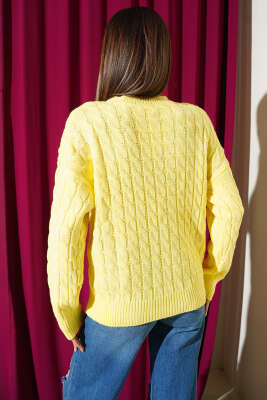 Saç Örgü Kabartmalı Triko Kazak Sarı - Kadın Giyim Modelleri