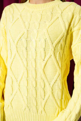 Saç Örgü Kabartmalı Triko Kazak Sarı - Kadın Giyim Modelleri