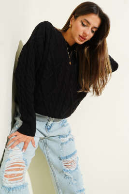 Saç Örgü Kabartmalı Triko Kazak Siyah - HELLIE