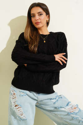 Saç Örgü Kabartmalı Triko Kazak Siyah - Kadın Giyim Modelleri