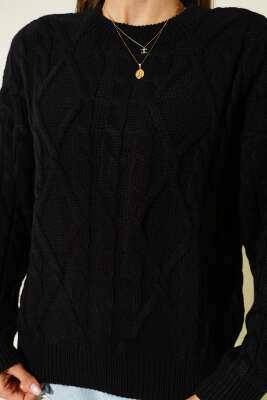 Saç Örgü Kabartmalı Triko Kazak Siyah - Kadın Giyim Modelleri