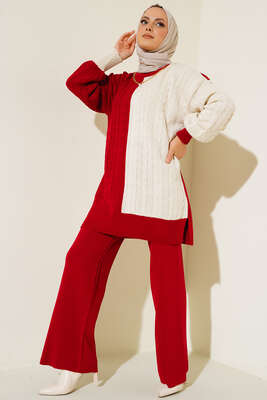 Saç Örgü Model Triko İkili Takım Kırmızı - Thumbnail