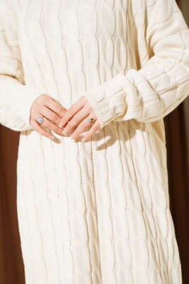 Saç Örgü Şeritli Triko Elbise Bej - Elbise