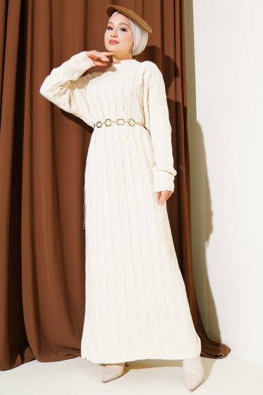 Saç Örgü Şeritli Triko Elbise Bej - Yılın Fırsatı