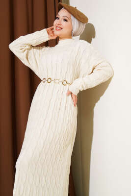 Saç Örgü Şeritli Triko Elbise Bej - Yılın Fırsatı