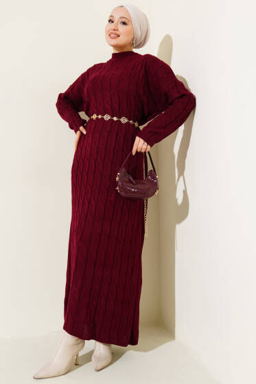 Saç Örgü Şeritli Triko Elbise Bordo - Elbise