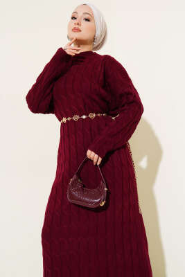 Saç Örgü Şeritli Triko Elbise Bordo - Elbise