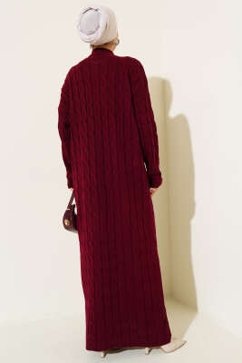 Saç Örgü Şeritli Triko Elbise Bordo - Elbise