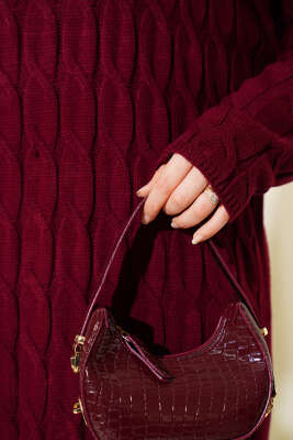 Saç Örgü Şeritli Triko Elbise Bordo - Elbise