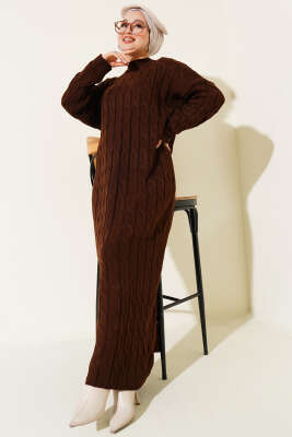 Saç Örgü Şeritli Triko Elbise Kahve - KILIÇ TRİKO