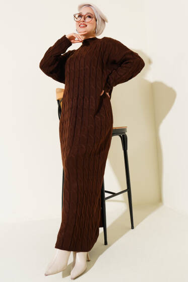 Saç Örgü Şeritli Triko Elbise Kahve - Elbise