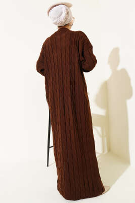 Saç Örgü Şeritli Triko Elbise Kahve - Elbise