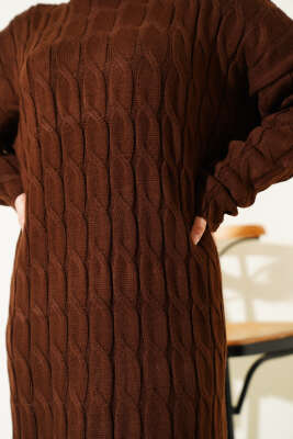 Saç Örgü Şeritli Triko Elbise Kahve - Elbise