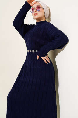 Saç Örgü Şeritli Triko Elbise Lacivert - KILIÇ TRİKO