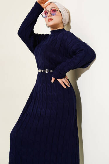 Saç Örgü Şeritli Triko Elbise Lacivert - Elbise