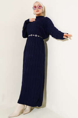 Saç Örgü Şeritli Triko Elbise Lacivert - Elbise