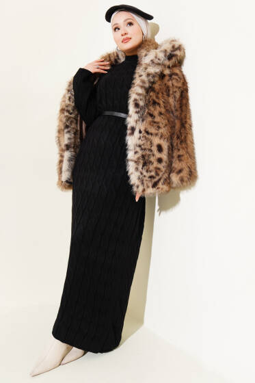 Saç Örgü Şeritli Triko Elbise Siyah - Elbise