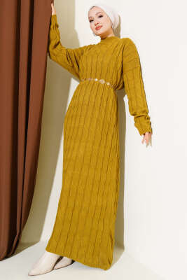 Saç Örgü Şeritli Triko Elbise Yağ Yeşili - KILIÇ TRİKO