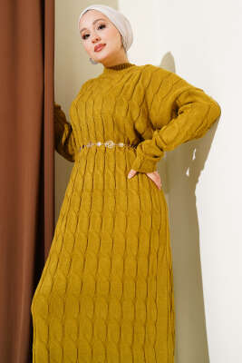 Saç Örgü Şeritli Triko Elbise Yağ Yeşili - Elbise