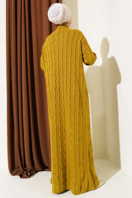 Saç Örgü Şeritli Triko Elbise Yağ Yeşili - Elbise