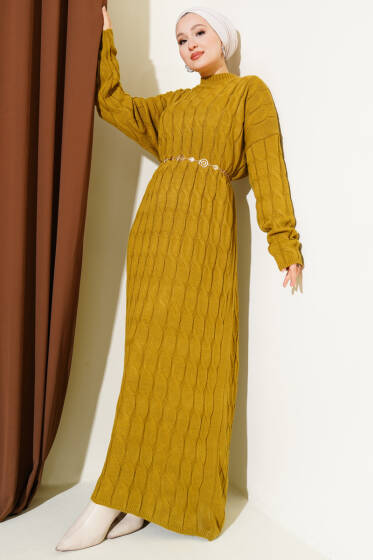 Saç Örgü Şeritli Triko Elbise Yağ Yeşili - Yılın Fırsatı