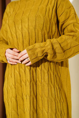 Saç Örgü Şeritli Triko Elbise Yağ Yeşili - Yılın Fırsatı