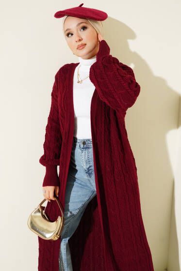 Saç Örgü Uzun Triko Hırka Bordo - Hırka