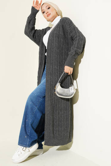 Saç Örgü Uzun Triko Hırka Füme - Hırka