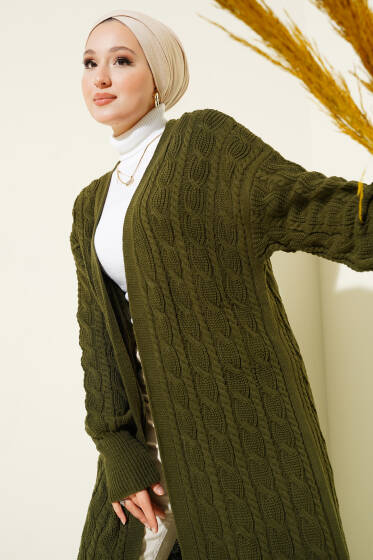 Saç Örgü Uzun Triko Hırka Haki - Hırka