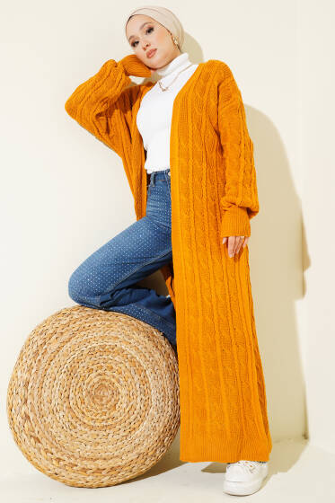 Saç Örgü Uzun Triko Hırka Hardal - Hırka