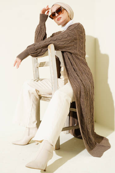 Saç Örgü Uzun Triko Hırka Kahve - Hırka