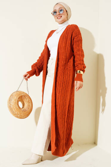 Saç Örgü Uzun Triko Hırka Kiremit - Yeni Tesettür Giyim