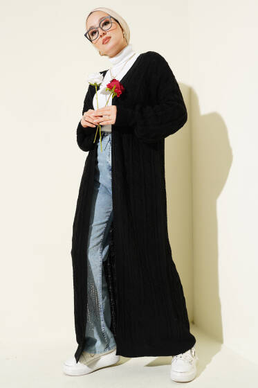 Saç Örgü Uzun Triko Hırka Siyah - Hırka