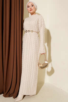 Saç Örgülü Basic Triko Elbise Bej - KILIÇ TRİKO