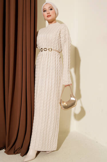 Saç Örgülü Basic Triko Elbise Bej - Elbise