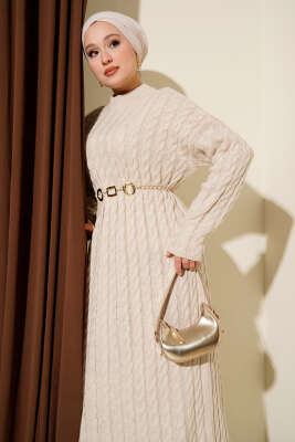 Saç Örgülü Basic Triko Elbise Bej - Elbise