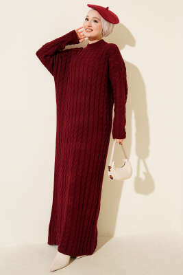 Saç Örgülü Basic Triko Elbise Bordo - KILIÇ TRİKO